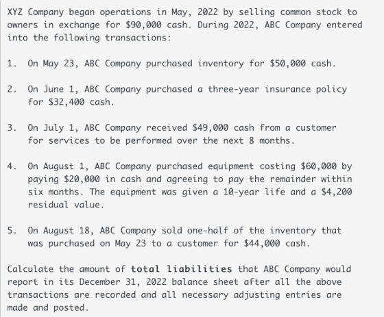 XYZ Company began operations in May, 2022 by selling common stock to owners in exchange for $90,000 cash. During 2022, ABC Co