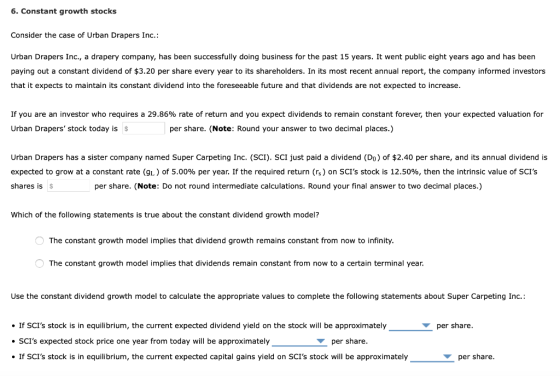 6. Constant growth stocks Consider the case of Urban Drapers Inc.: Urban Drapers Inc., a drapery company, has been successful
