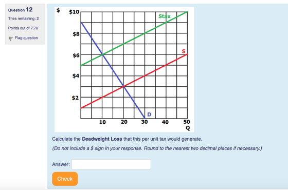 Question 1 Tries remaining: 2 Points out of 7.70 2 $ $10 Stax $8 Flag question $6 $4 $2 10 0) 30 40 50 Calculate the Deadweight Loss that this per unit tax would generate. (Do not include a S sign in your response. Round to the nearest two decimal places if necessary.) Answer: Check