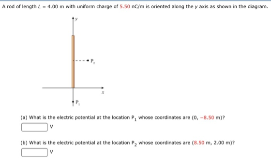 A rod of length L 4.00 m with uniform charge of 5.50 nC/m is oriented along the y axis as shown in the diagram. P P, (a) What