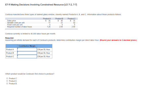 E7-11 Making Decisions Involving Constrained Resource [LO 7-2,7-7] Cordova manufactures three types of stained glass window,