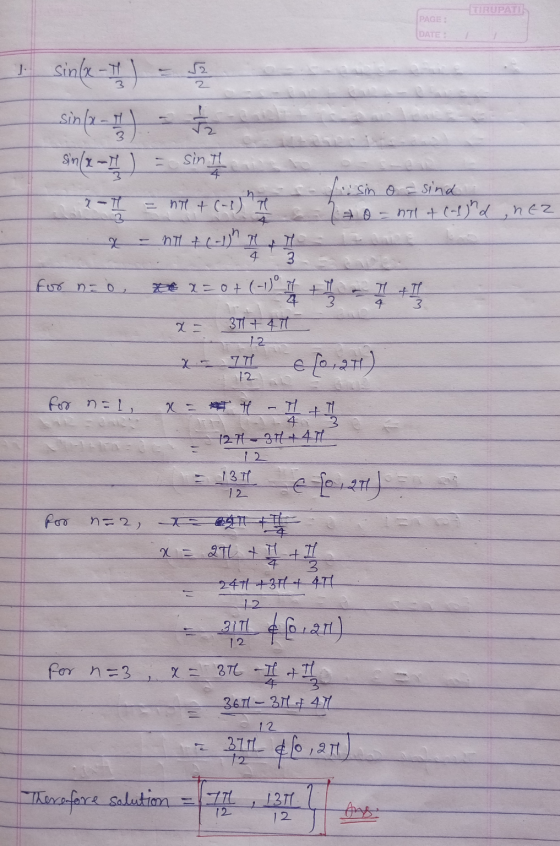 TIRUPATI PAGE: DATE LS I sin(x - 1) sin(x - 1) sin(x - 1) = n1 + (-1) ni + (-1) ht sint n 2-T 3. fusin o = sind 2 + 0 = n1 +