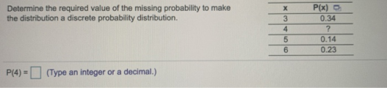 Determine the required value of the missing probability to make the distribution a discrete probability distribution. X 3 P(x