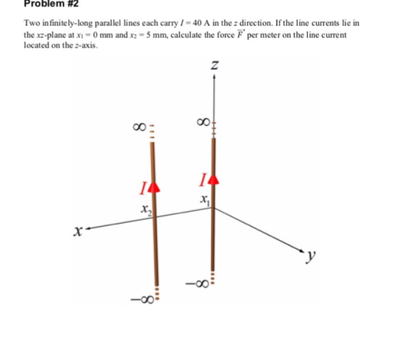 Problem # 2 Two in finitely-long parallel lines each carry I-40 A in the z direction. If the line currents lie in the xz-plane at x-0 mm and xz -5 mm, calculate the force F per meter on the line current located on the z-axis.