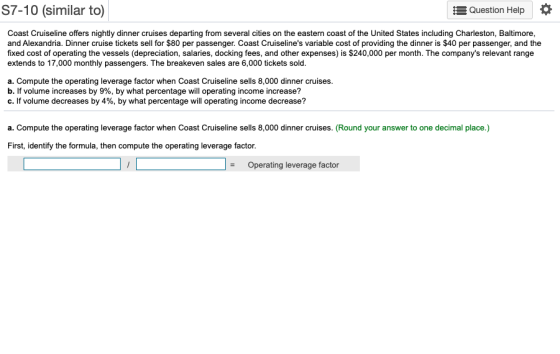 S7-10 (similar to) Question Help Coast Cruiseline offers nightly dinner cruises departing from several cities on the eastern