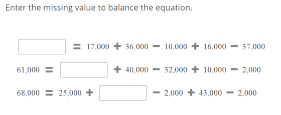 Enter the missing value to balance the equation. = 17,000 + 36,000 – 10,000 + 16,000 – 37,000 61,000 = + 40,000 – 32,000 + 10