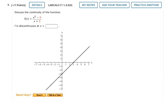 MY NOTES ASK YOUR TEACHER PRACTICE ANOTHER 5. (-/1 Points] DETAILS LARCALC111.4.032. Discuss the continuity of the function.