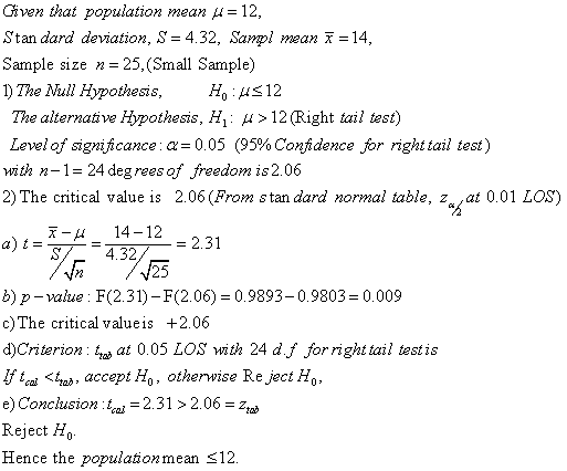 Given that population mean μ-12, Stan dard deviation, S-4.32, Sanpl mean ? 14 Sample size n -25,(Small Sample) The Null Hypot