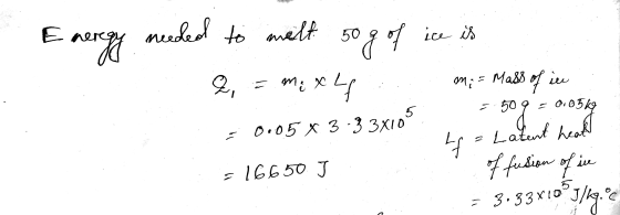 Energy needed to melt 50g of at ice is max Mass 2 , mm; - in 4 of 50 = 0.05 ko gog 0,054 = 0.05 X 3 -3 3x10.5 4 = Latent hear
