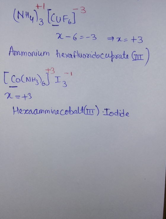 (NH4) 3 (CUF] X-6=-3 ax=+3 Ammonium hexafluorido cupoate (I) [CO(NH) I R=+3 Hexaamminecobalt().Iodide