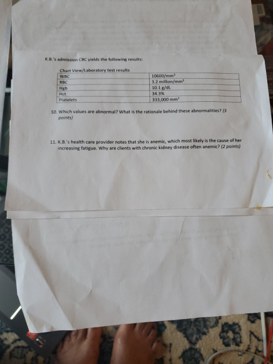 K.B.s admission CBC yields the following results: Chart View/Laboratory test results WBC RBC Hgb Hct Platelets 10600/mm 3.2