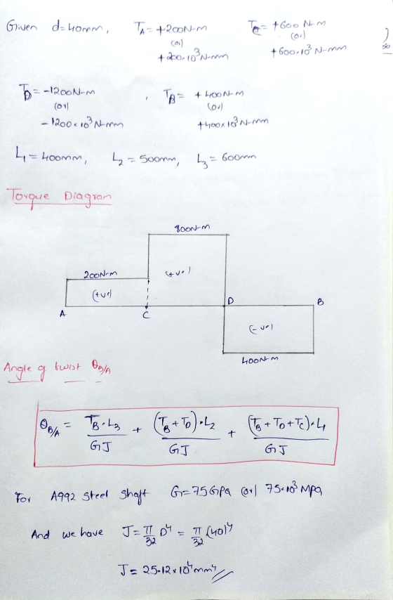 Given d-homm, TA=42000 m To= +600 Nom + 200 103 N.mm +600- 18 N-mm To=-1200N-M To= + LOON-M lovi 1200x103 10²N mm thoox 13 N-