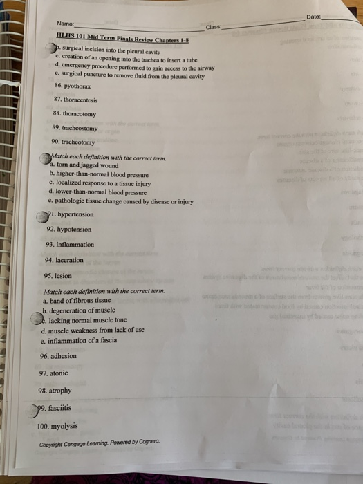 Date: Name Class: HLHS 101 Mid Term Finals Review Chapters 1-8 surgical incision into the plcural cavity c. creation of an op