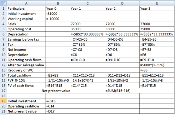 D E Year 2 Year 3 А B 1 Particulars Year O Year 1 2 Initial investment -81000 3 Working capital =-10000 4. Sales 77000 5 Oper