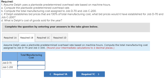Required: 1. Assume Delph uses a plantwide predetermined overhead rate based on machine-hours. a. Compute the plantwide prede