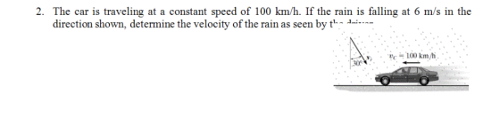 2. The car is traveling at a constant speed of 100 km/h. If the rain is falling at 6 m/s in the direction shown, determine the velocity of the rain as seen by t- i 50.», ..Pc= 100 km/h . 309