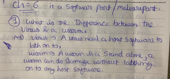 ch=6 it a softwar part / maluarepart. 1 what is the Difference between the T virus & a warm.. Ang Virus - A urus need a host
