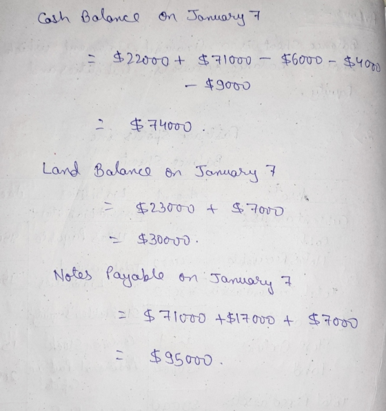 Cash Balance on January 7 $22000+ $71000 – $6000 - $4000 - $9000 $74000 Land Balance on January 7 $23000 + $7000 $30000. Note