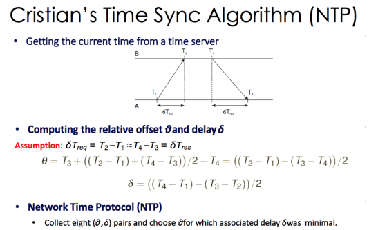 Cristians Time Sync Algorithm (NTP) • Getting the current time from a time server т, т. 6 6T • Computing the relative offset