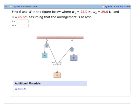 Find theta and W in the figure below where w_1 = 2
