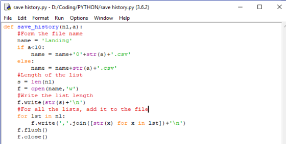 ㅑ save history.py-D:/Coding/PYTHON/save history.py (3.6.2) File Edit Format Run Options Window Help def save history (nl,a):