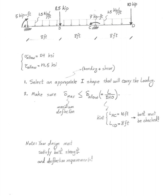 10 kip 25 kip 5 kip-ft 1-5 kippt 1.5 kip/ft 7 kip-fts B Cam 8ft 8ft 8ft Tallow = 24 ksi Callow = 14.5ksi swe (bending & shear