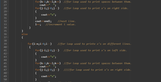 for(k=1;k<=1;k++) //for Loop used to print spaces between them. cout<< ; for(j=i;j>0;j--) //for Loop used to print xs on r