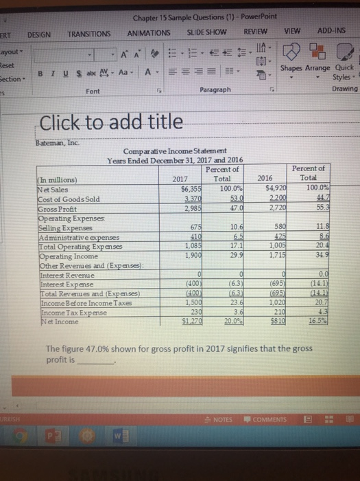 RT ayout Chapter 15 Sample Questions (1) - PowerPoint DESIGN TRANSITIONS ANIMATIONS SLIDE SHOW REVIEW VIEW ADD-INS HAAA .EE,