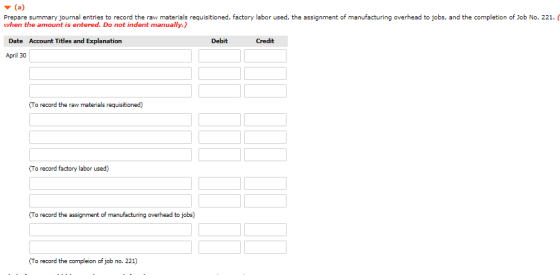 Prepare summary journal entries to record the raw materials requisitioned, factory labor used, the assignment of manufacturing overhead to jobs, and the completion of Job No. 221. when the amount is entered. Do not indent manually.) Date Account Titles and Explanation Debit Credit April 30 (To record the raw materials requisitioned) (To record factory labor used) To record the compleion of job no. 221)