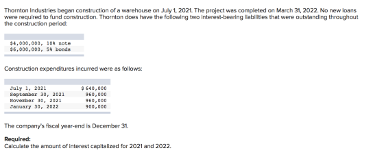 Thornton Industries began construction of a warehouse on July 1, 2021. The project was completed on March 31, 2022. No new lo