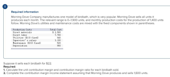 Required information Morning Dove Company manufactures one model of birdbath, which is very popular. Morning Dove sells all u