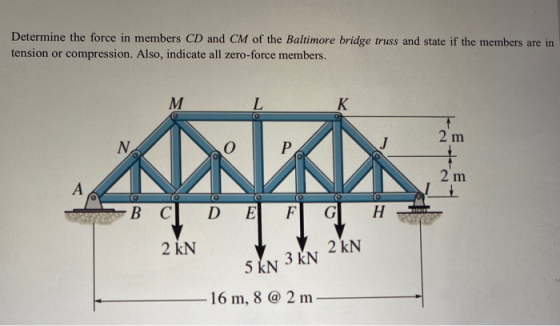 Determine the force in members CD and CM of the Baltimore bridge truss and state if the members are in tension or compression