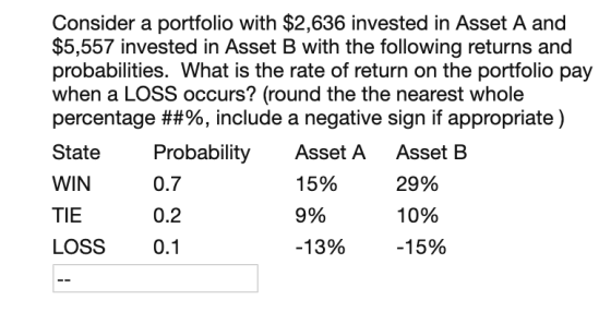 Consider a portfolio with $2,636 invested in Asset A and $5,557 invested in Asset B with the following returns and probabilit