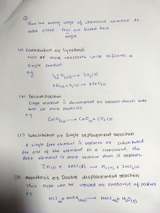 er ou any ways o cheiccul se achon o taka place. Few ouse usd eal Joe a) Combinahon or Syote uoo a more seactants unitetoom a Single psoduct e d (D) Decom posidon gingle ae ackaut is docom posed os boo kon doo n anh Caco Substitzchon os Single seplaiemeut seachon A single free ele meut s replaces ογ substituted os on of the elemet in a compound ele ment s mon eachu tha itbeplaces. (D) Meta thesis os Double dusplace meut veachön us ttpe can be teioedpchance o patnt Q. 44)