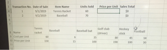 N 3 Units Sold Price per Unit Sales Total Transaction No. Date of Sale 9/1/2019 9/2/2019 Item Name Tennis Racket Baseball $0