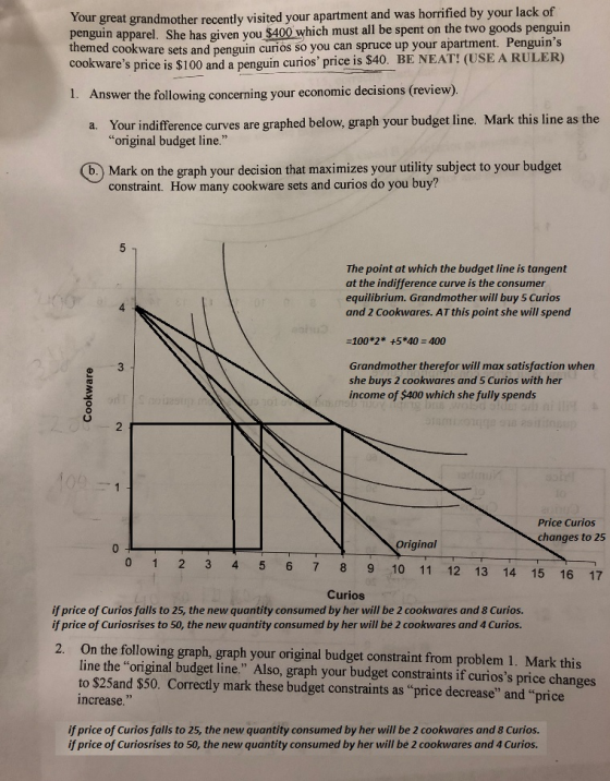 ur great grandmother recently visited your apartment and was horrified by your lack of pengin apparel. She has given you $400 which must all be spent on the two goods penguin sets and penguin curios so you can spruce up your apartment. Penguins themed cookware es price is $100 and a penguin curios price is $40, BE NEAT! (USE A RULER) 1. Answ er the following concerning your economic decisions (review) Your indifference curves are graphed below, graph your budget line. Mark this line as the original budget line. a. (b.) Mark on the graph your decision that maximizes your utility subject to your budget constraint. How many cookware sets and curios do you buy? The point at which the budget line is tangent at the indifference curve is the consumer equilibrium. Grandmother will buy 5 Curios and 2 Cookwares. AT this point she will spend 4 -100*2* +5*40 400 Grandmother therefor will max satisfaction when she buys 2 cookwares and 5 Curios with her income of $400 which she fully spends 3 2 Price Curios changes to 25 Original 0 1 2 3 4 5 6 7 8 9 10 11 12 13 14 15 16 17 Curios if price of Curios falls to 25, the new quantity consumed by her will be 2 cookwares and 8 Curios. if price of Curiosrises to 50, the new quantity consumed by her will be 2 cookwares and 4 Curios. On the following graph, graph your original budget constraint from problem 1. Mark this line the original budget line. Also, graph your budget constraints if curioss price changes to $25and $50. Correctly mark these budget constraints as price decrease and price increase. 2. if price of Curios falls to 25, the new quantity consumed by her will be 2 cookwares and 8 Curios. if price of Curiosrises to 50, the new quantity consumed by her will be 2 cookwares and 4 Curios.