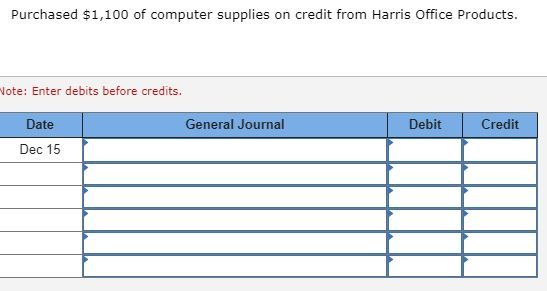 Purchased $1,100 of computer supplies on credit from Harris Office Products. Note: Enter debits before credits. General Journ