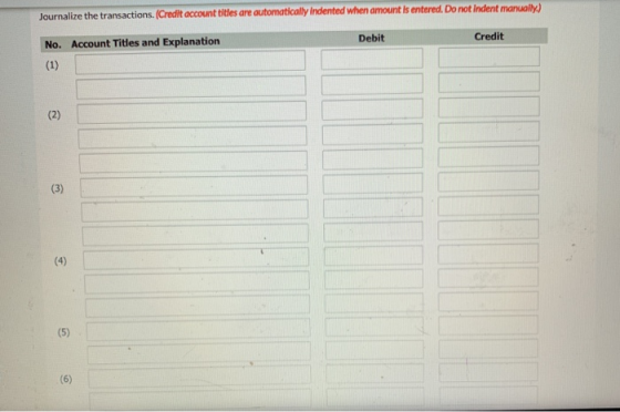 Journalize the transactions. (Credit account titles are automatically Indented when amount is entered. Do not Indent manually