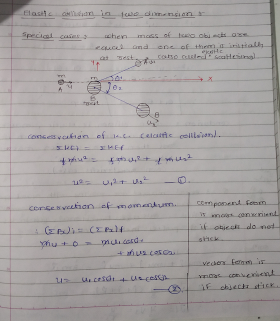 Elastic collision in two dimension & special cases & when mass of two objects are equcel and one of them is initially aut pes