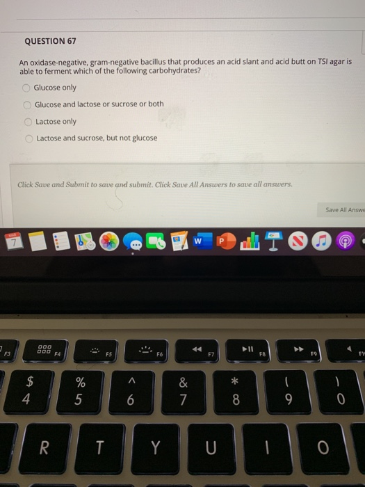 QUESTION 67 An oxidase negative, gram-negative bacillus that produces an acid slant and acid butt on TSI agar is able to ferm