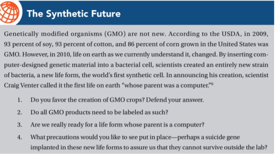 The Synthetic Future Genetically modified organisms (GMO) are not new. According to the USDA, in 2009, 93 percent of soy, 93