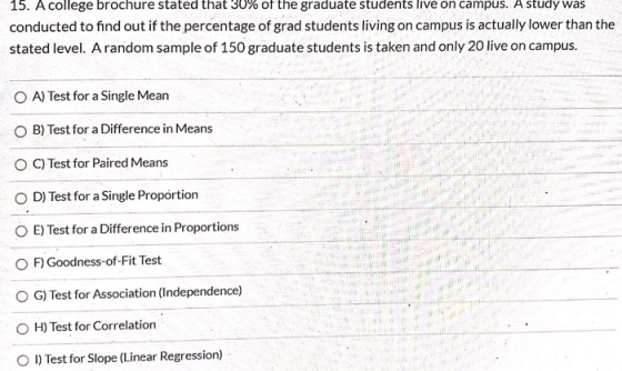 15. A college brochure stated that 30% of the graduate students live on campus. A study was conducted to find out if the perc