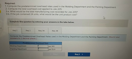 Required: 1. Compute the predetermined overhead rates used in the Molding Department and the Painting Department. 2. Compute