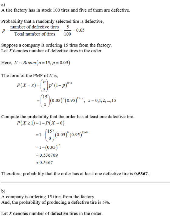 a) A tire factory has in stock 100 tires and five of them are defective Probability that a randomly selected tire is defective, number of defective tires 5 0.05 Total number of tires 100 Suppose a company is ordering 15 tires from the factory Let Y denotes number of defective tires in the order Here, X ~ Binom(n=15, p=0.05) The form of the PMF of Xis 15 (0.05)(0.95)15-х, x-0.1 Compute the probability that the order has at least one defective tire P(x 21) 1-P(X 0) 15 15-0 -1-00.05) (0.95)- -1-(0.95) -0.536709 0.5367 Therefore, probability that the order has at least one defective tire is 0.5367 b) A company is ordering 15 tires from the factory And, the probability of producing a defective tire is 5% Let X denotes number of defective tires in the order