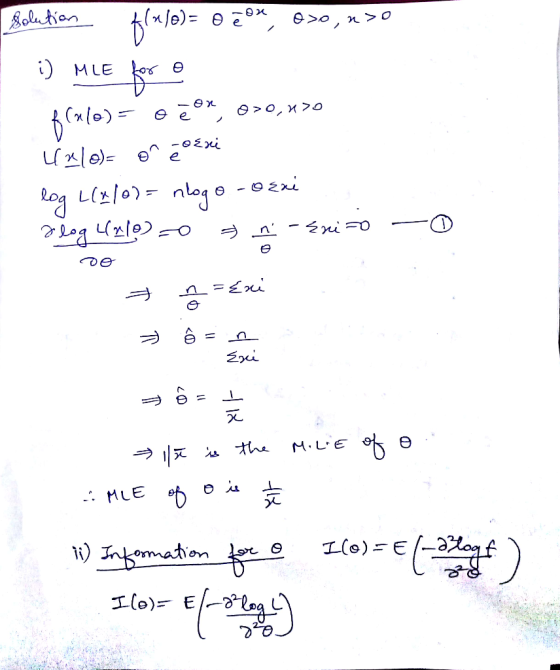 Solution f(x/6)= 0 2 0%, 0%0,n30 I :) MLE for a O>o, uso falo)o é o x, 070,470 Uxle) on ēossi log L(1/0)= nlogo - oexi odlog