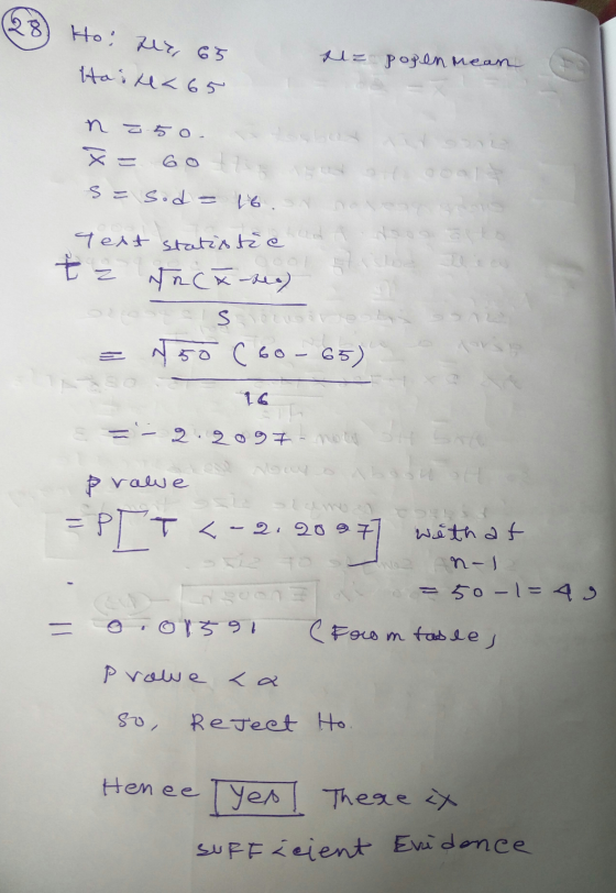 28 Ho fer, 65 tz popen mean HaiH<65 n 25o. s = Sod= 16. Text statistie at doon as to & 2 z NRCX-seo) S 50 (6o - 65) 16. E =-