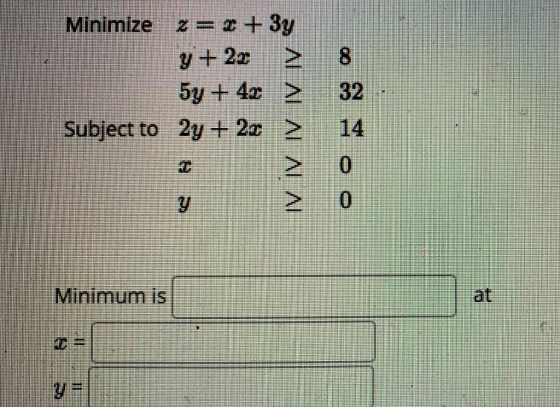 8 Minimize z= x + 3y 9 + 22 54 + 4yΣ Subject to 2y + 2 > ΛΙ ΛΙ ΛΙΛΙ ΛΙ 14 O Σ Ο Minimum is