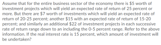 Assume that for the entire business sector of the economy there is $5 worth of investment projects which will yield an expect