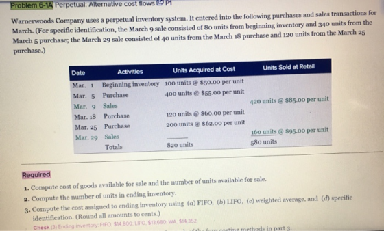 Problem 6-1A Perpetual: Alternative cost flowsP Warnerwoods Company uses a perpetual inventory system. It entered into the fo