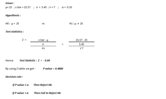 Given μέ25 ; xbar = 23.57 ; σ= 5.45; n=7 ; Hypothesis H0 : μ: 25 α= 0.10 VS H1 : μ # 25 Test statistics: x bar-μ 23.57- 25 5.